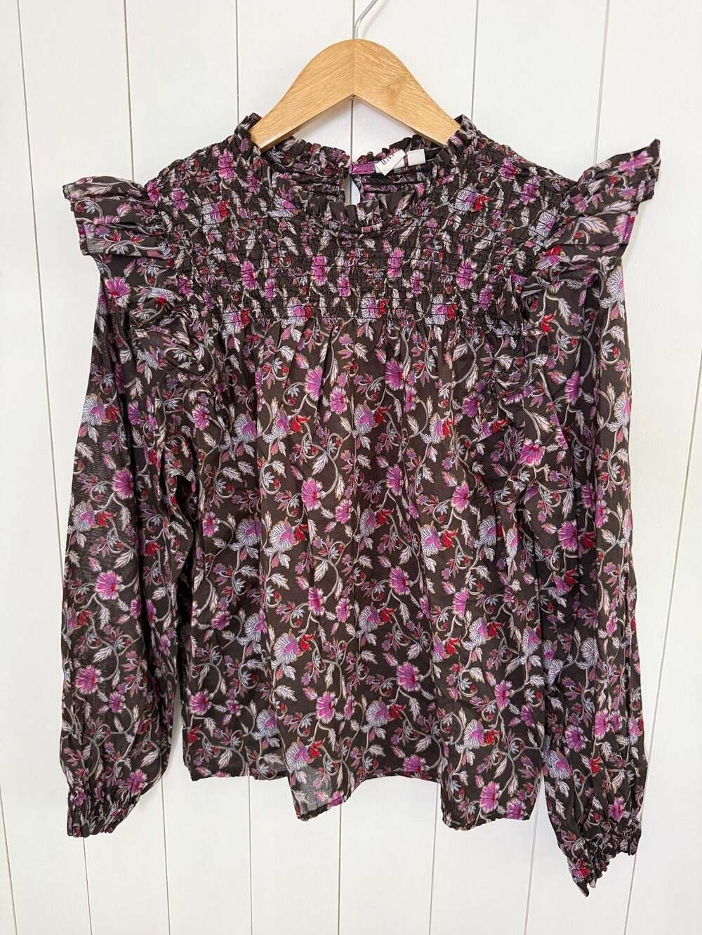 Gap Brown Floral Smocked Ruffle Shoulder Blouse Size M
